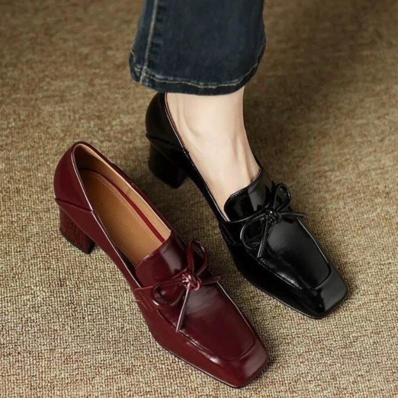 Women'S Single Shoes Spring New Square Head Deep Mouth Butterfly Knot Set Foot Anti-Slip Wear-Resistant Thick Heels