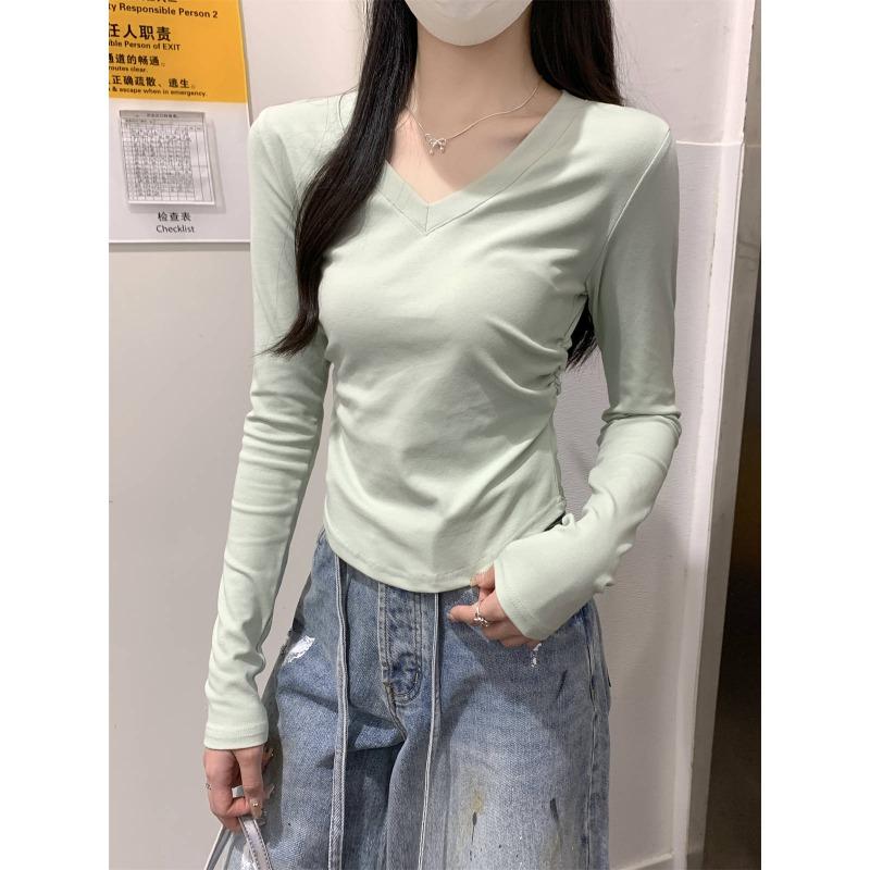 Simple style collar pure white shoulder long-sleeved shirt women's autumn pleated and thin Spice girl inner bottoming shirt