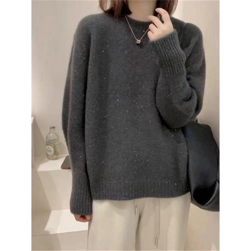 Autumn and winter high-end knitted pullover sweater women's thickened loose crew neck knitted sweater golden silk raccoon velvet