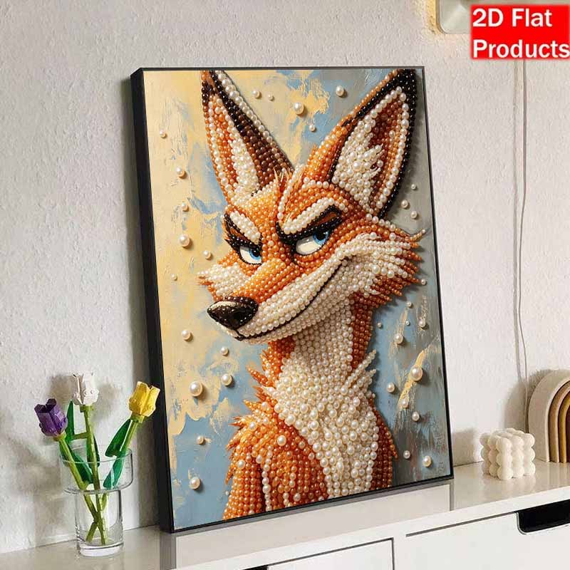 5D Pearl Painting Kit Framed with Clever Fox Portrait Sparkling Bead Art Canvas DIY Relaxing Craft for Wall Decor Gift Set Home Art