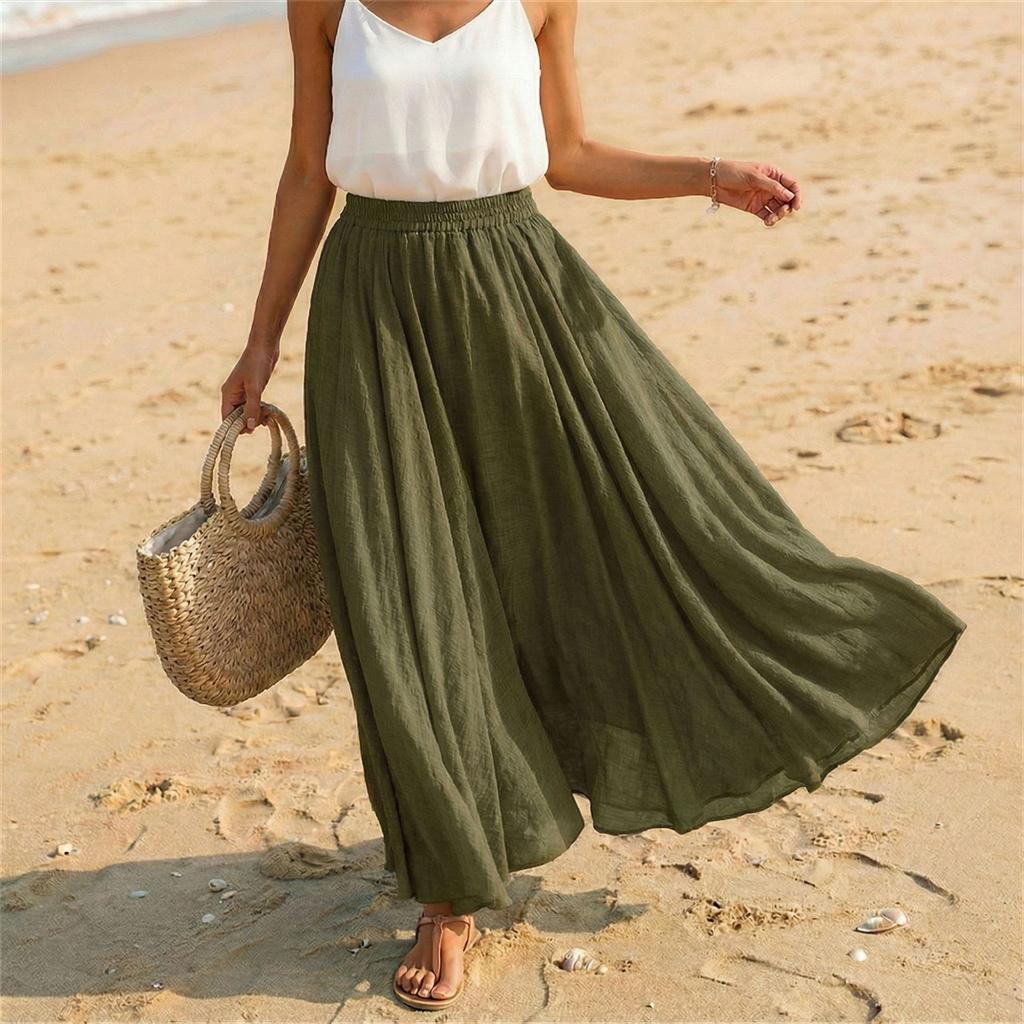 Women Casual Holiday Solid Cotton Linen Long Skirt A Line Beach Midi Skirt Elastic Waist Lightweight Flowing Design