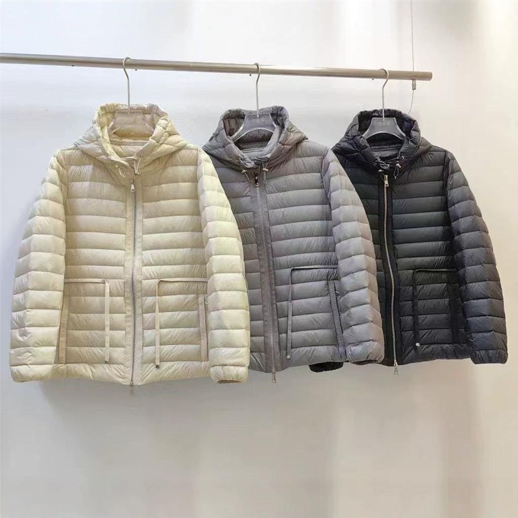European Station Autumn and Winter New Hooded Drawstring Waist Thin Short Light Down Jacket Women's White Duck Down Jacket