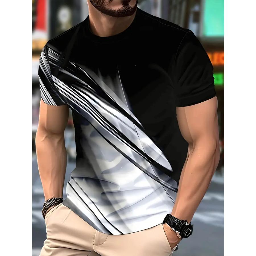 Men Casual Graphic T-Shirt - Black & White Abstract Design, Short Sleeve, Round Neck  Stretchy Summer, Streetwear Style, Everyday Comfort Tee