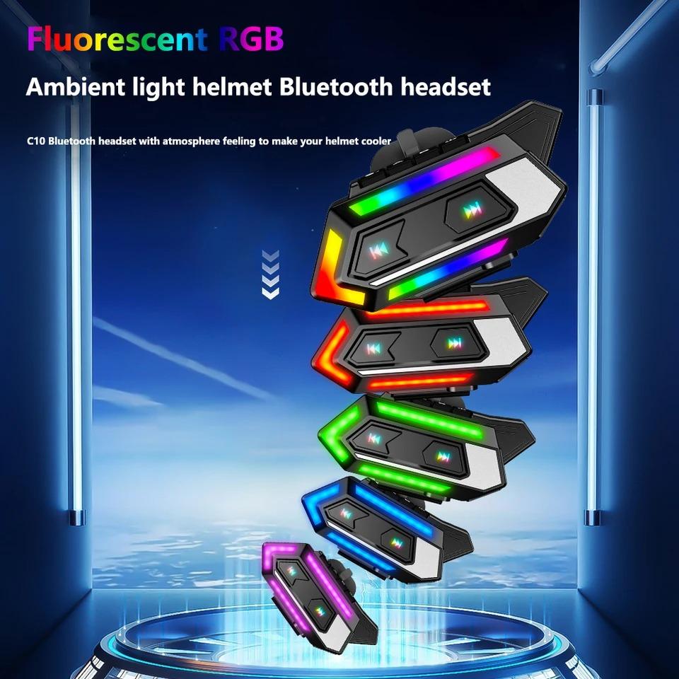 C10 RGB Flash Colour Light Motorcycle Helmet Headset 1000mAh BT5.4 Waterproof Wireless Headphone with Micrphone Earphone Motorcycle Accessories