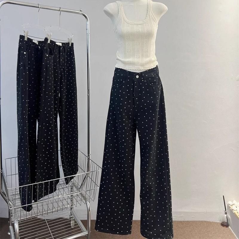 Black Straight Wide-leg Pants Women's Versatile Loose and Thin Trousers Retro Small Flower Polka Dot High Waist Versatile Jeans Women