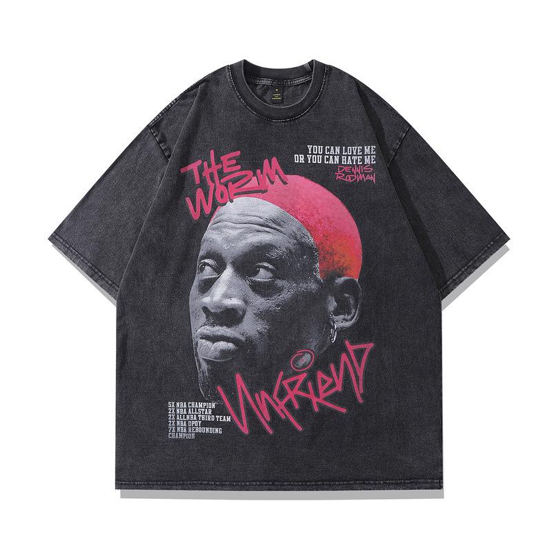 American Street Style Rodman Character Retro Short-Sleeved Men'S And Women'S Ins High Street Washed Old Loose T-Shirt