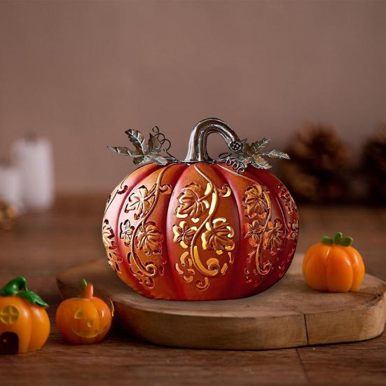 Halloween Pumpkin Light Hand-Carved Vine Hollow Decorative Lamp Resin Lighted Pumpkin with Flickering LED Candlelight Effect for Halloween