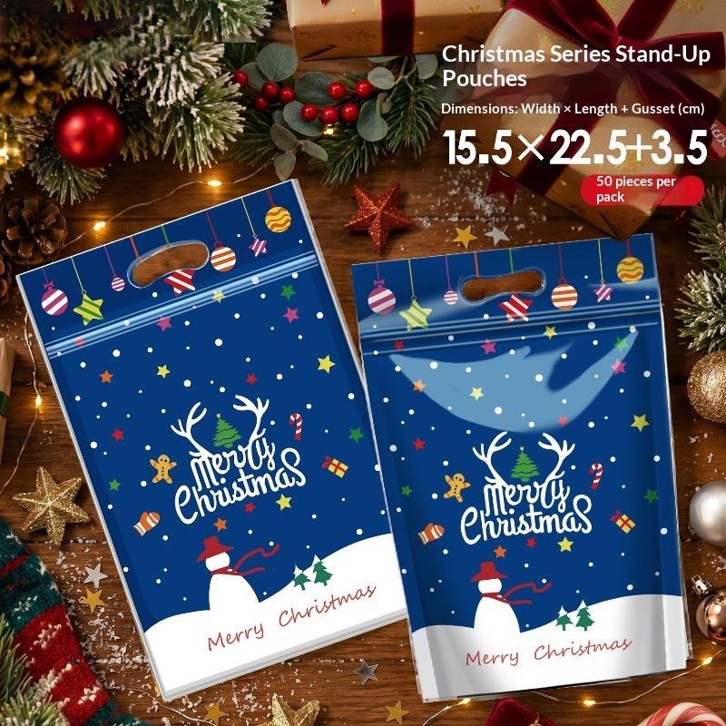 50Pcs Resealable Christmas Resealable Bags Christmas Plastic Sealing Bags With Handles For Xmas Holiday Party Candy