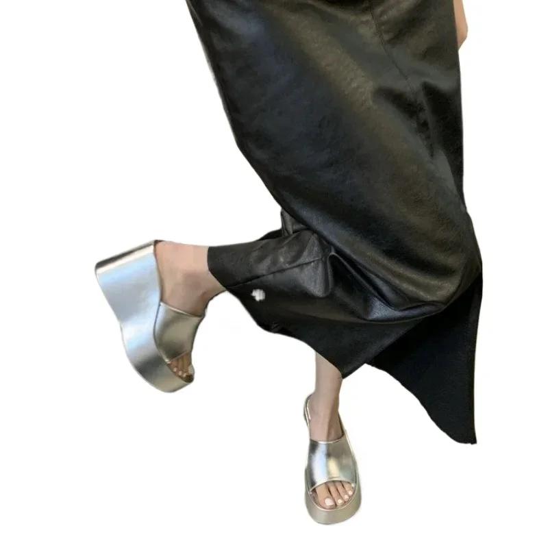 Styl Damskie Sandały Casualowe Letnie Modne Srebrne Koturny Buty 5cm-8cm Wysokie Sandały na Platformie