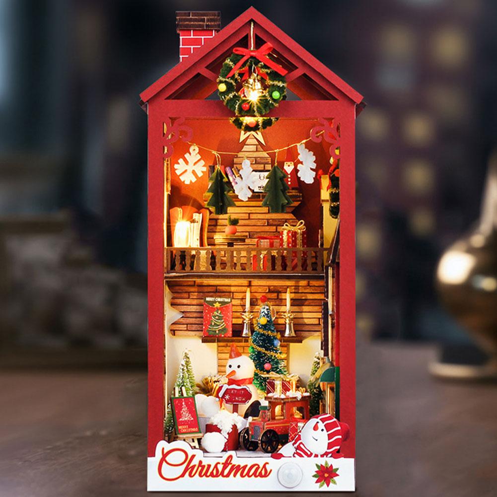 DIY Book Nook Kit Miniature Dollhouse Kit Xmas Eve Snowflakes Building with LED Light Diorama Model Birthday Gifts