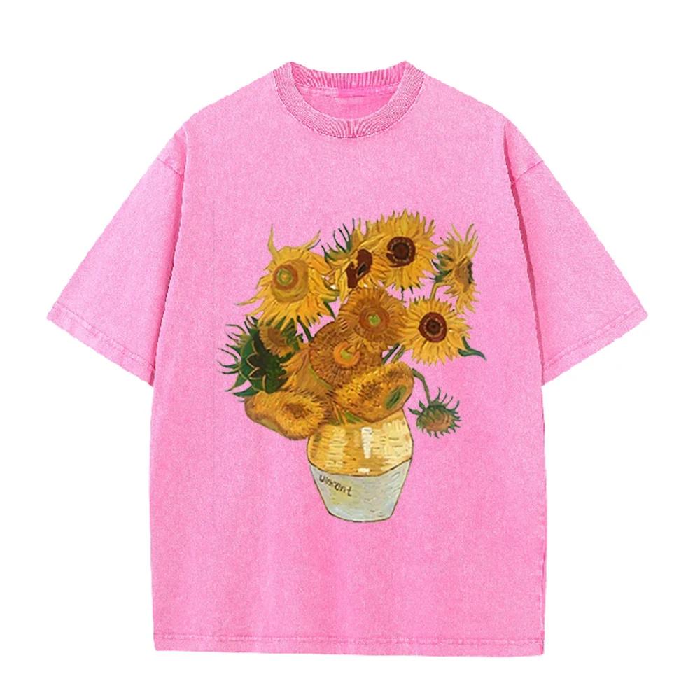 2026 Vintage Schwarz gewaschen Van Gogh Sonnenblumen Ölmalerei Grafik T-Shirt Retro Kunstdruck Übergroß Lässig Kurzarm Tee