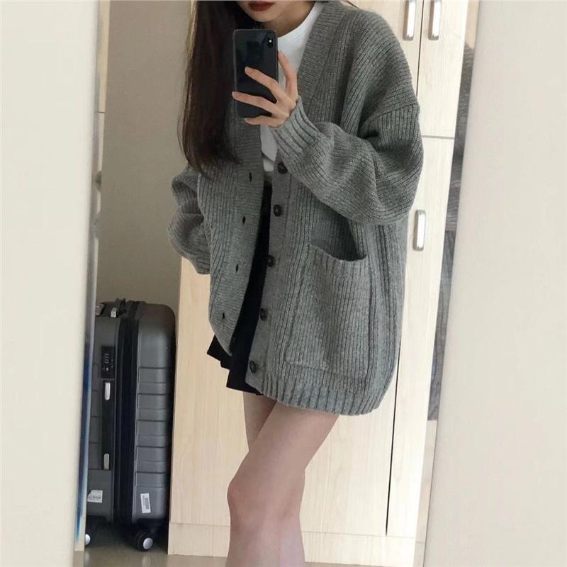 

Women s Gray Mid-Length Sweater Coat - Retro Milk Tea Style Knitted Cardigan for Spring and Autumn XL 57.5-62.5kg