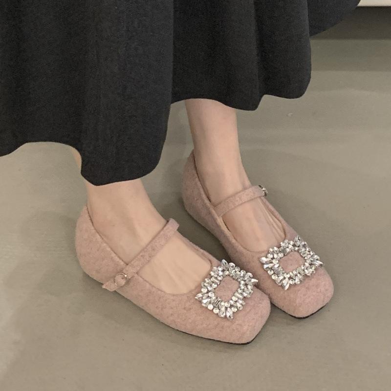 

2025 new French ballet rhinestone fluffy shoes women wear in winter with velvet Mary Jane shoes 39 розовый
