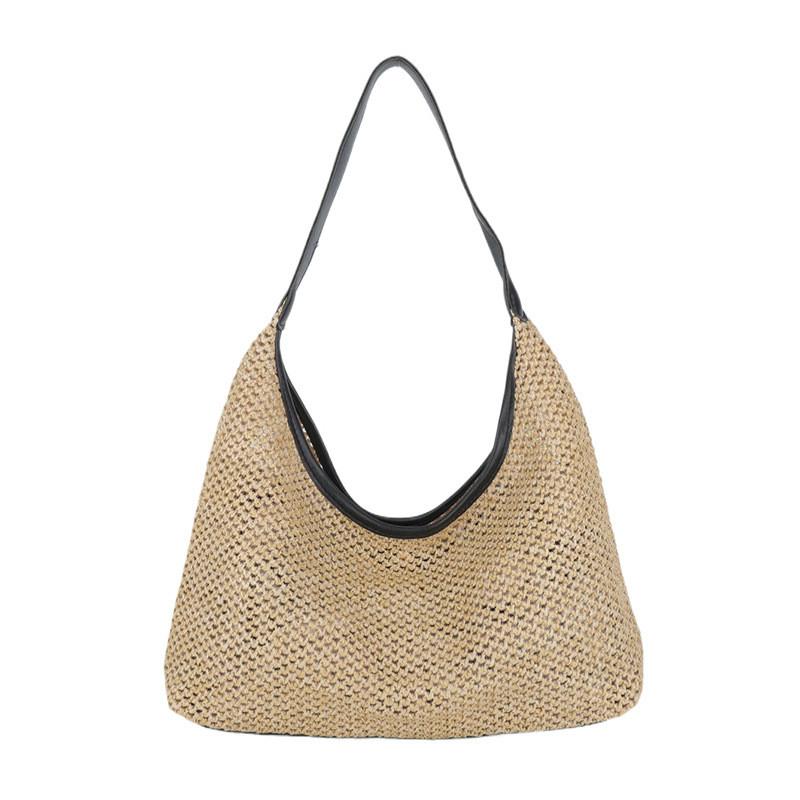 Retro Woven Tote Bag For Women Large Capacity Beach Shoulder Handbag With Magnet Closure