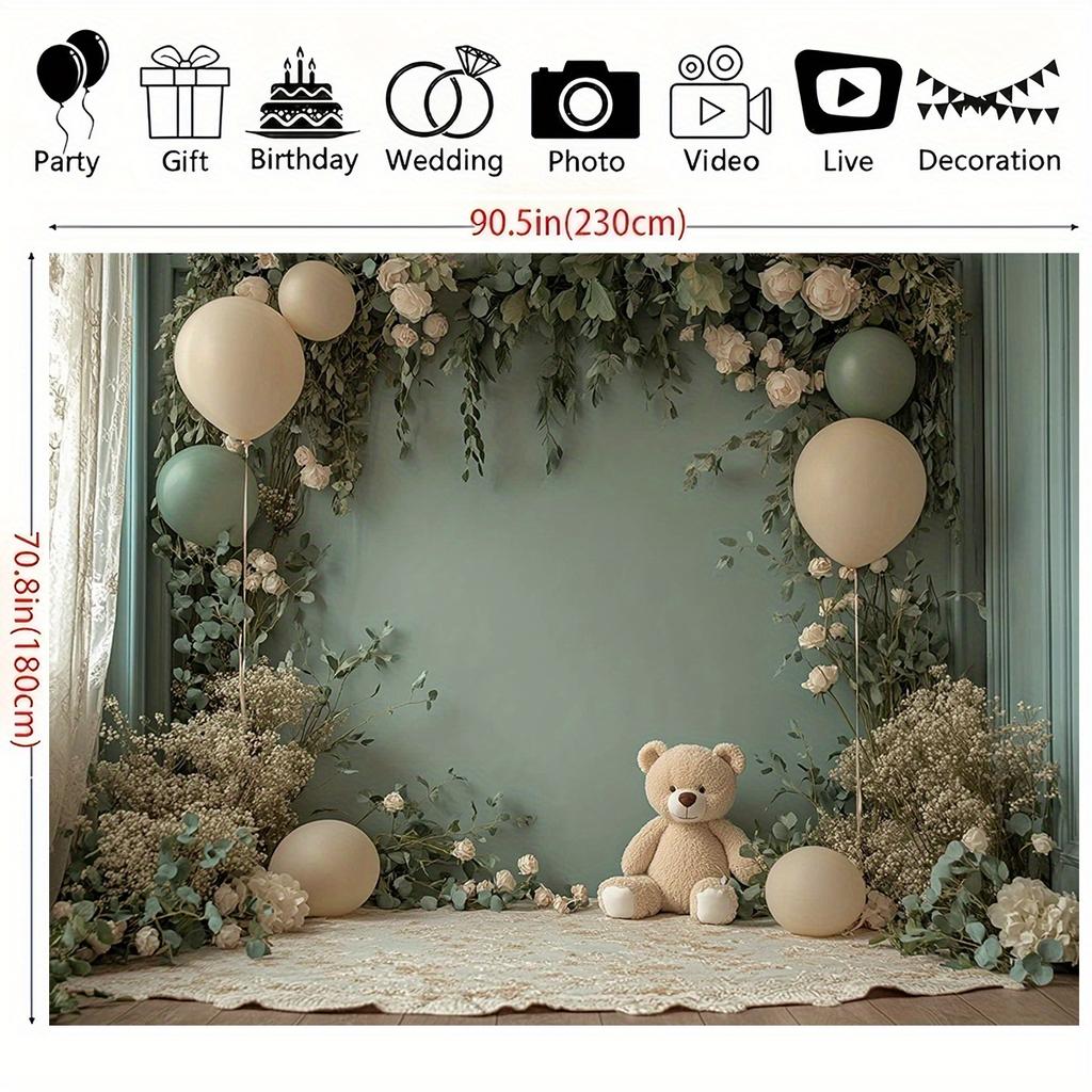 An Elegant Teddy Bear and Balloon Background, Soft Pinkish-green with Floral Accents, for a Birthday Party
