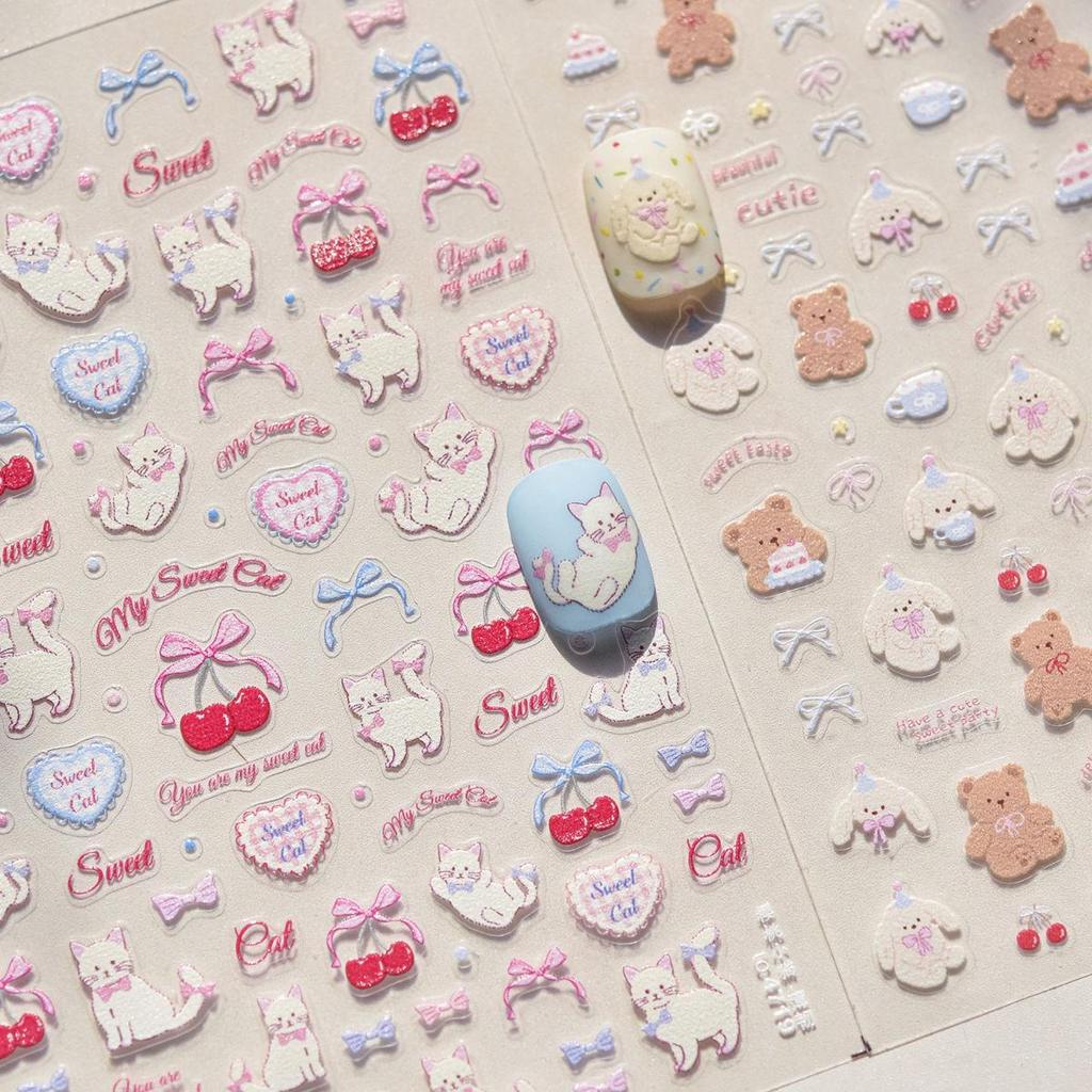 Graffiti Cute Cherry Cat & Bear Nail Art Stickers - DIY Self-Adhesive Bow Design