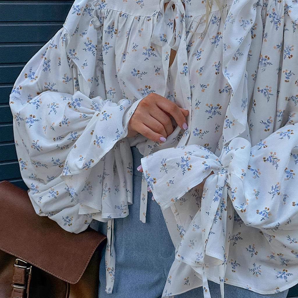 Autumn design sense gentle small floral lotus leaf edge strap chiffon top women's 1116 new French shirt