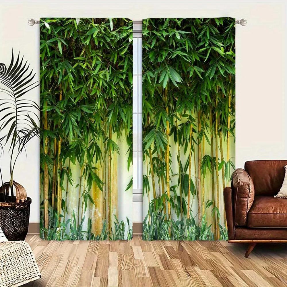Modern Style Bamboo Wall Print Curtains for Living Room Bedroom Easy To Hang Semi-Transparent Machine Washable Home Decoration