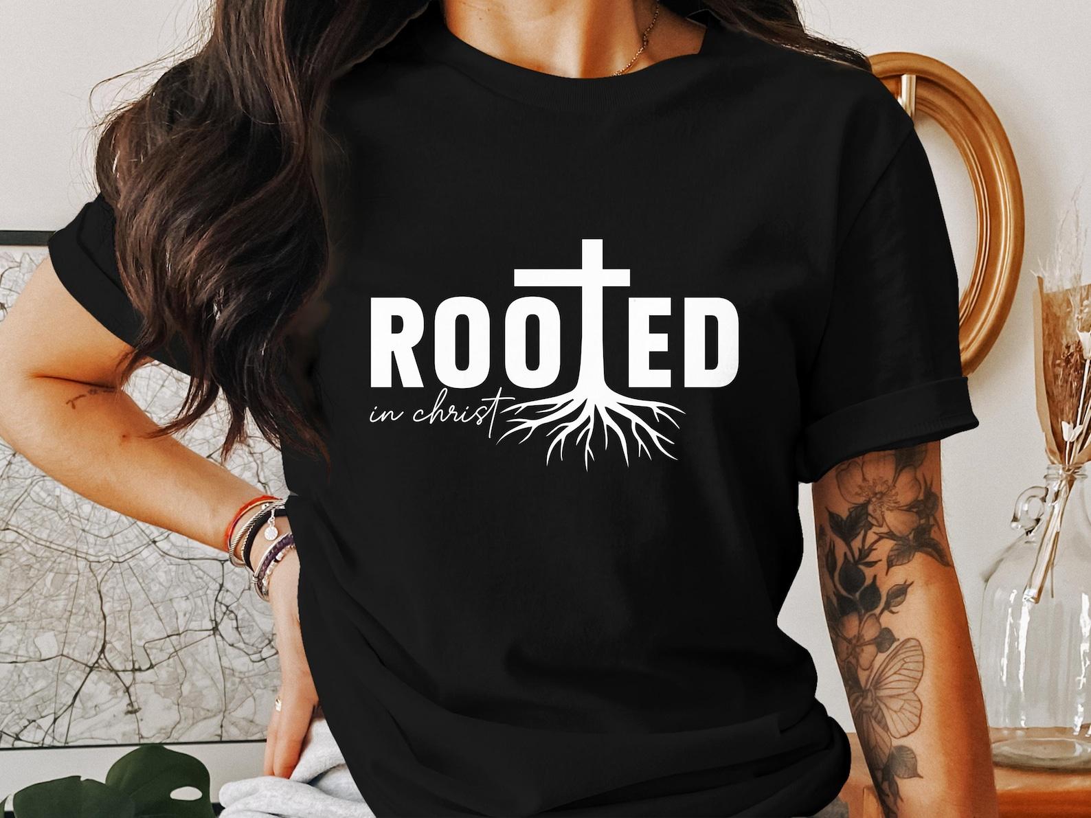 Rooted In Christ T-Shirt, Christian Apparel, Faith Based Tee, Jesus Shirt, Religious Clothing, Gift for Believer, Spiritual Tee M