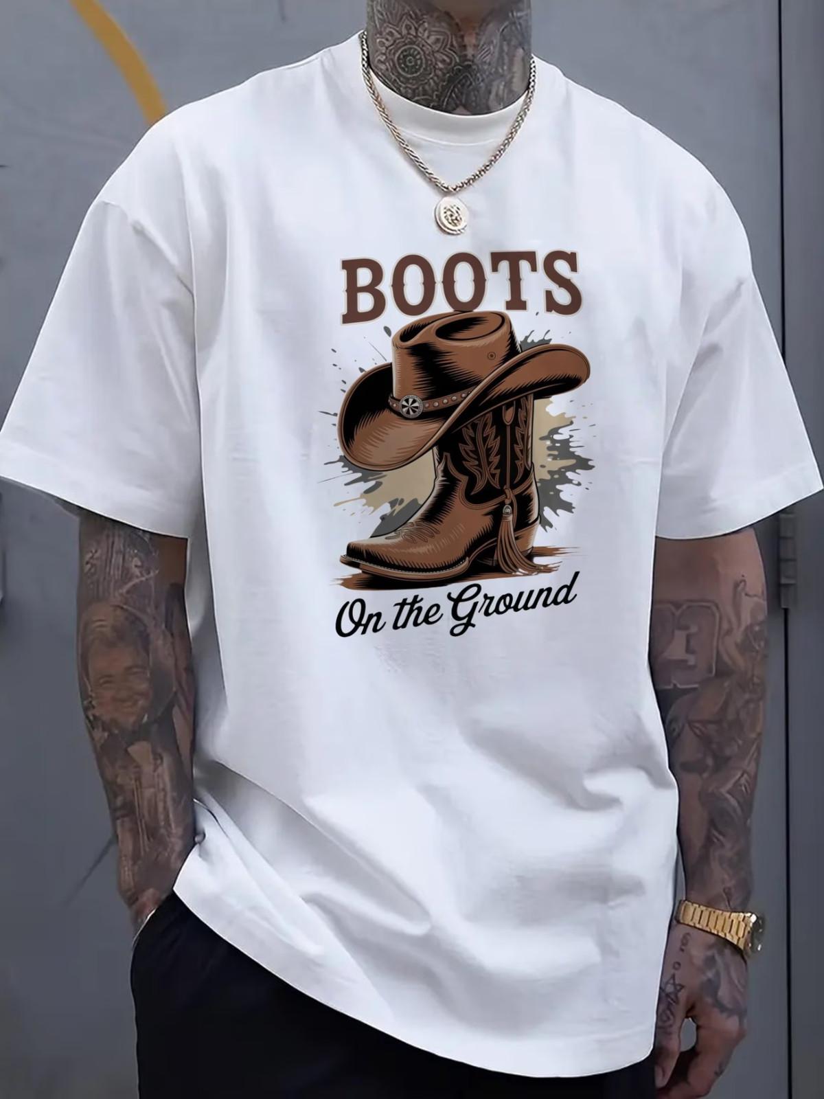 Men S Black T-Shirt with Cowboy Boots and Hat Graphic Boots On the Ground S