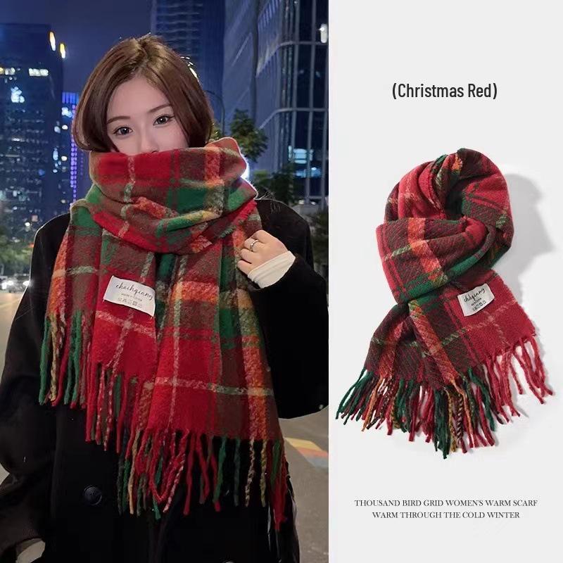 

Korean Style Plaid Red Scarf - Women’s Festive, Warm, Versatile Winter Snood