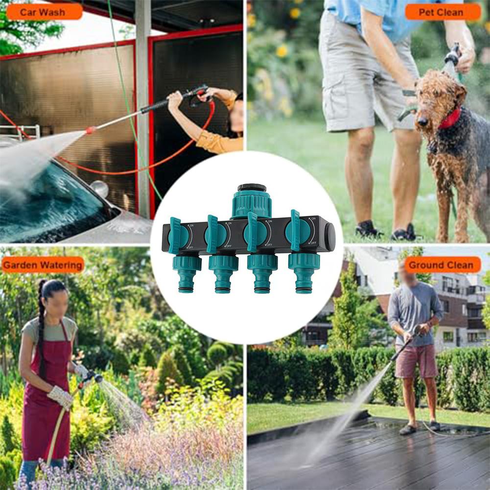 Leakproof 4 Way Water Hose Splitter Connector with Individual Valve Switches for Precise Garden Watering Control