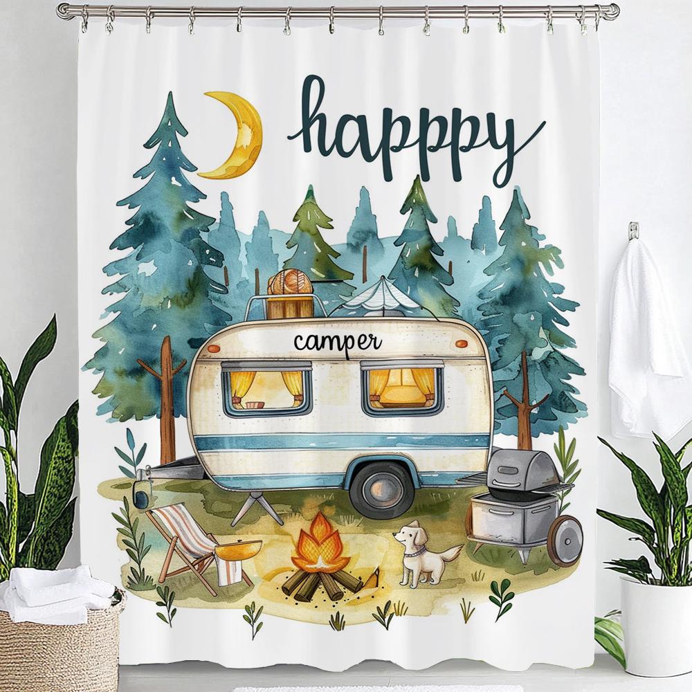 Happy Campers Cartoon Printing Shower Curtain Bathroom Decoration Curtain,Hanging Curtain With Hooks Machine Washable