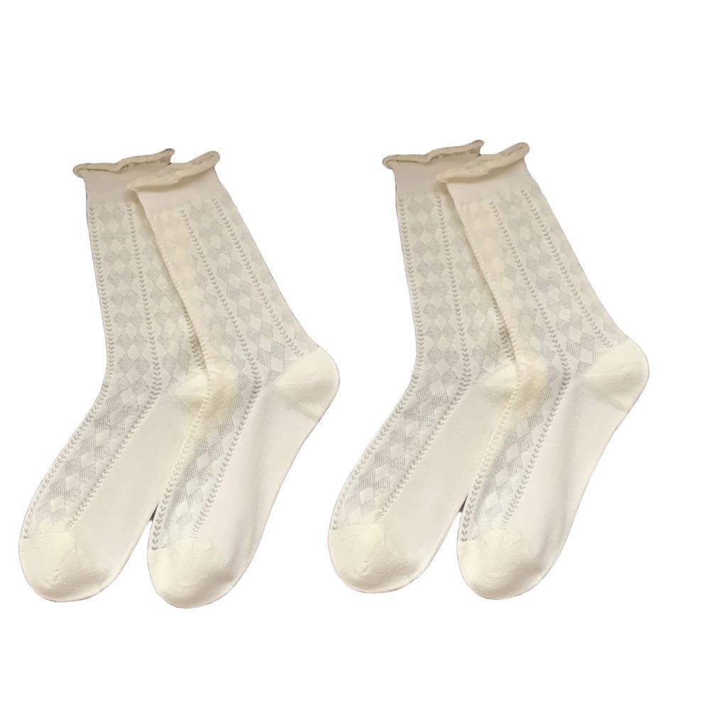 2Pairs Lingge Mid-calf Cotton Socks Heart Ruffle Tube Socks Women Sweet White Socks  Daily