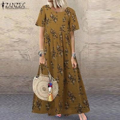 Women Casual Round Neck Short Sleeve Loose Floral Print Dress