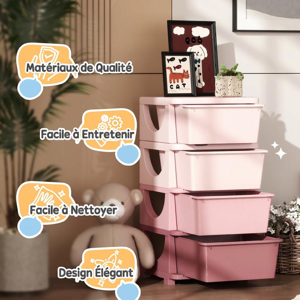Children's Toy Organizer, 4 Drawers, 4 Tiers, Plastic Boxes, 37 x 37 x 76 cm, Pink
