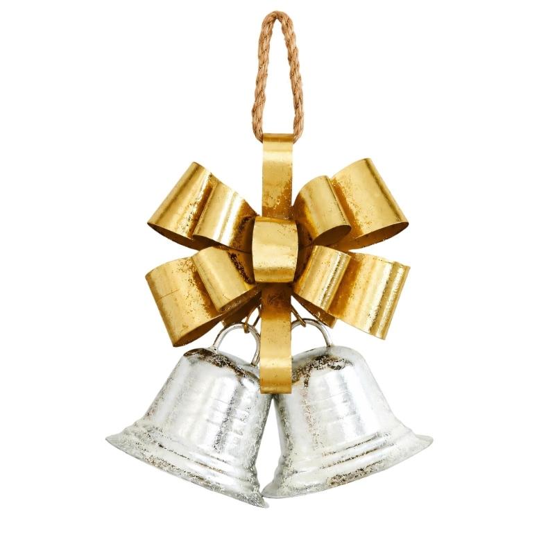 Three-Dimensional Metal Christmas Bowknot Decoration with 2 Iron Bells and Top Hanging Loop for Storefronts and Hotel Lobbies