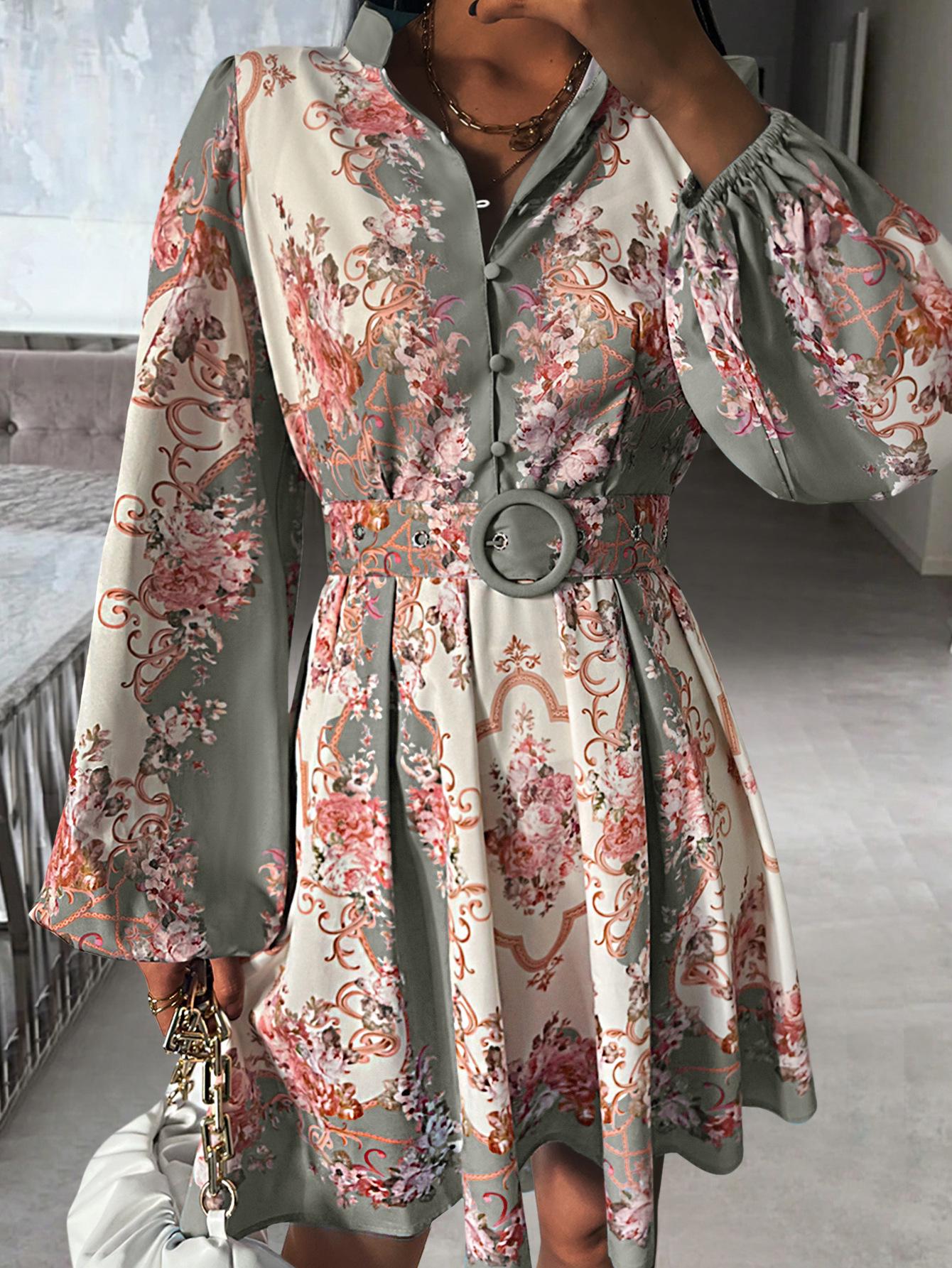 European and American Cross-Border Retro Elegant Belted Slim Mid-Length Women s Dress with Semi-Neck Lantern Style for Spring and Summer. XXL серый