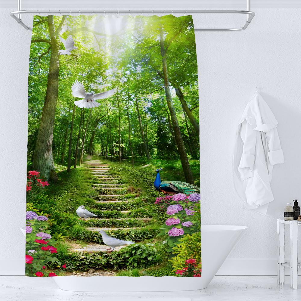 1 Pcs Forest Pattern Polyester Material Shower Curtain Waterproof Fabric, Partition Curtain For Bathroom,Home Decoration Curtain