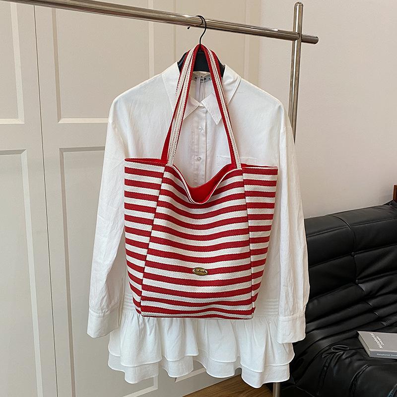 2025 Striped Knitted Bag Lazy Wind Tote Bag Student Large Capacity Casual Shoulder Bag Women