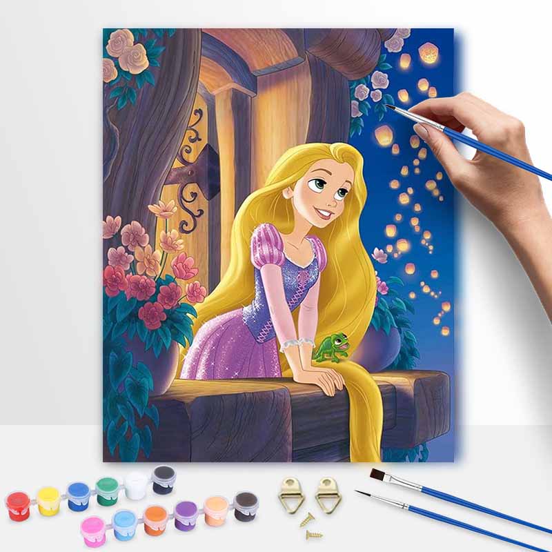 Disney Oil Painting Art Painting Set Home Wall Decor Handmade Gift Featuring Rapunzel And Pascal With Floating Lanterns 30x40cm