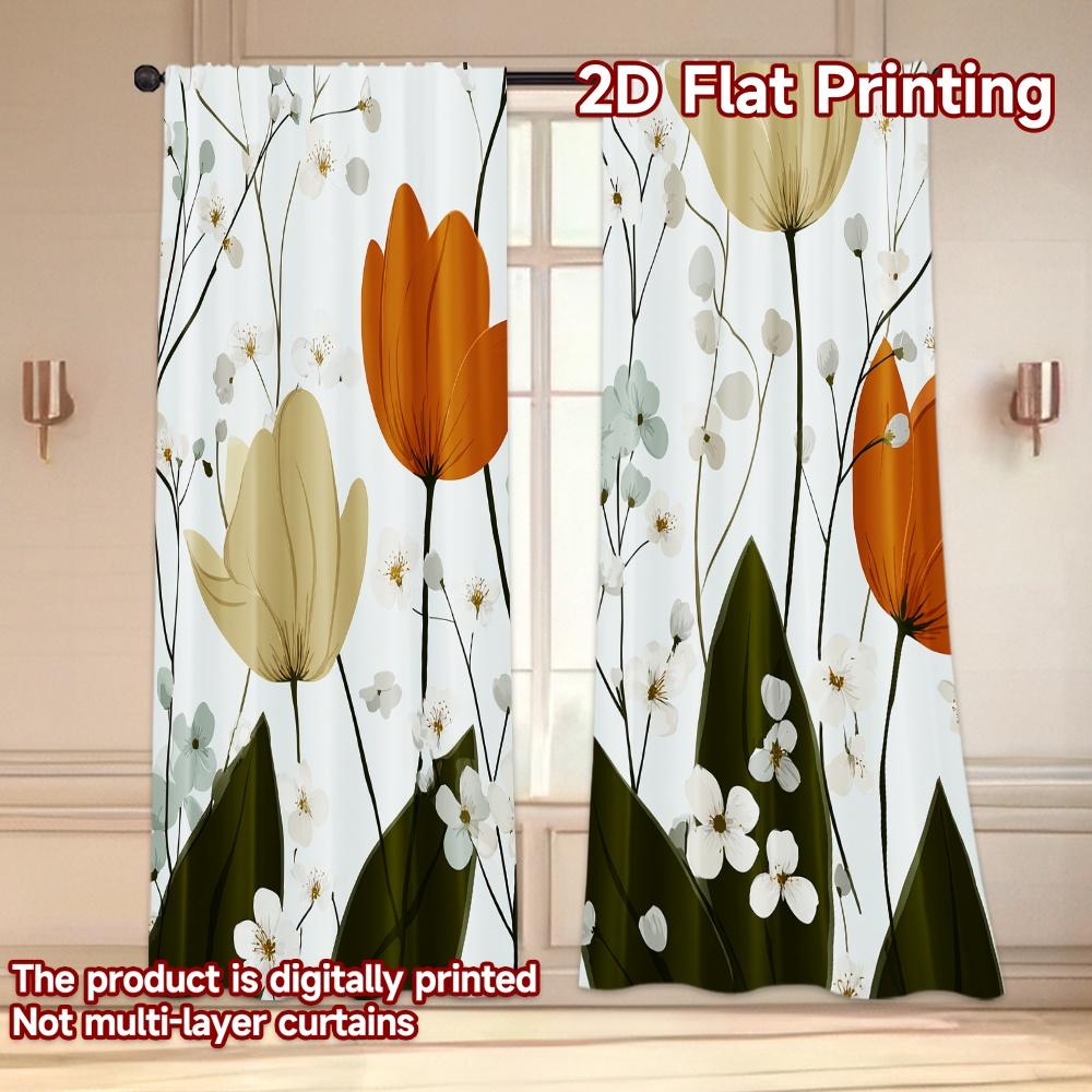 Set Of 2 Flat Printing Curtains Without Rod Floral Spring Blooms Ramadan Holiday Digital Semi Curtain Sheer Polyester