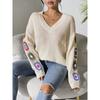 Long-Sleeve V-neck Top Mixed Color Hand Hook Flower Patchwork V-neck Pullover Loose Casual Sweater Top