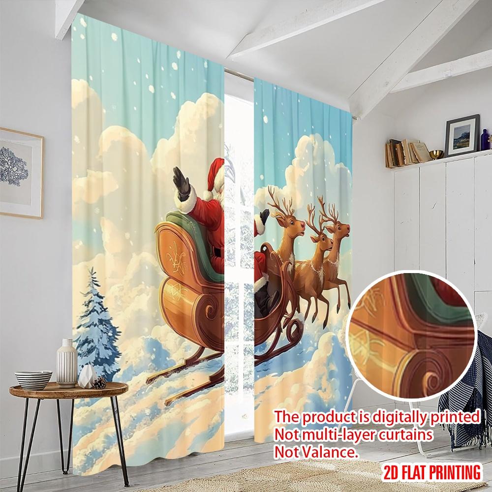 2pcs,2D Plane Printing Contemporary Curtains Santa Claus Sleigh and Reindeer7 (3) Versatile Polyester Fabric (without Rod) Room