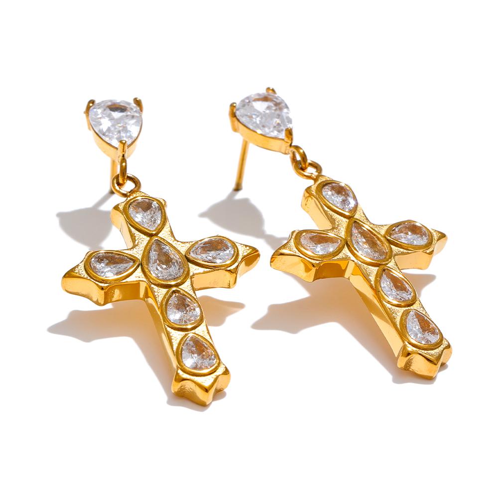 

Yhpup Shiny Cubic Zirconia Cross Drop Earrings for Women High Quality Stainless Steel Gold Color Classic Jewelry Waterproof