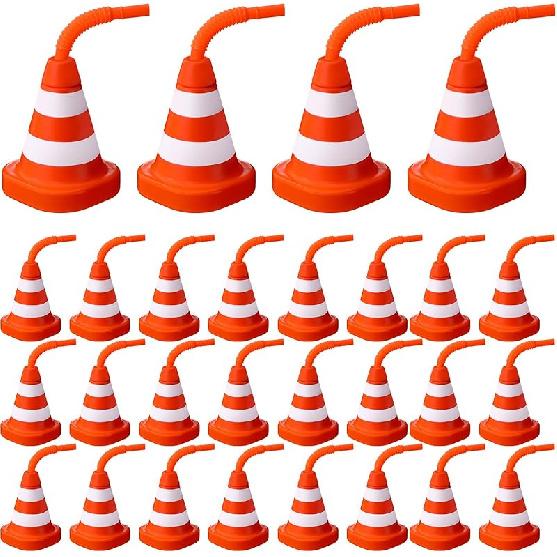 Sawysine 8 Pack Construction Cone Cups with Straws Bulk, Traffic Cones Party Favor 10 Oz Plastic Reusable Kids Race Cups Set for Construction Traffic