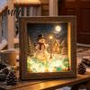 Wooden Landscape Ornament Christmas Snowy Night Light Picture Frame, Vintage Frame 3D Mini Lighted Shadow Box Lamp, Desktop Atmosphere Decor