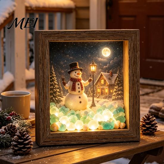 Wooden Landscape Ornament Christmas Snowy Night Light Picture Frame, Vintage Frame 3D Mini Lighted Shadow Box Lamp, Desktop Atmosphere Decor