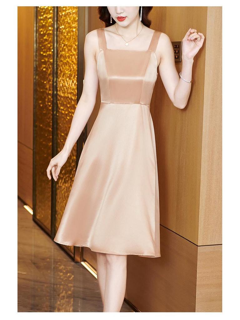 Women's 2023 Slim-Fit Satin Dress: Square Neck, Patchwork, Age-Reducing Summer Fashion