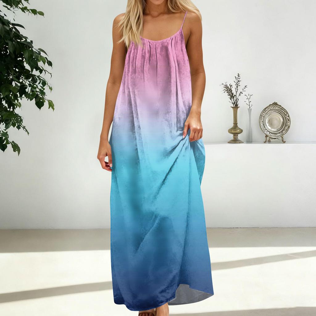 Women's Fashion Backless Spaghetti Strap Casual Loose Gradient Print Dress