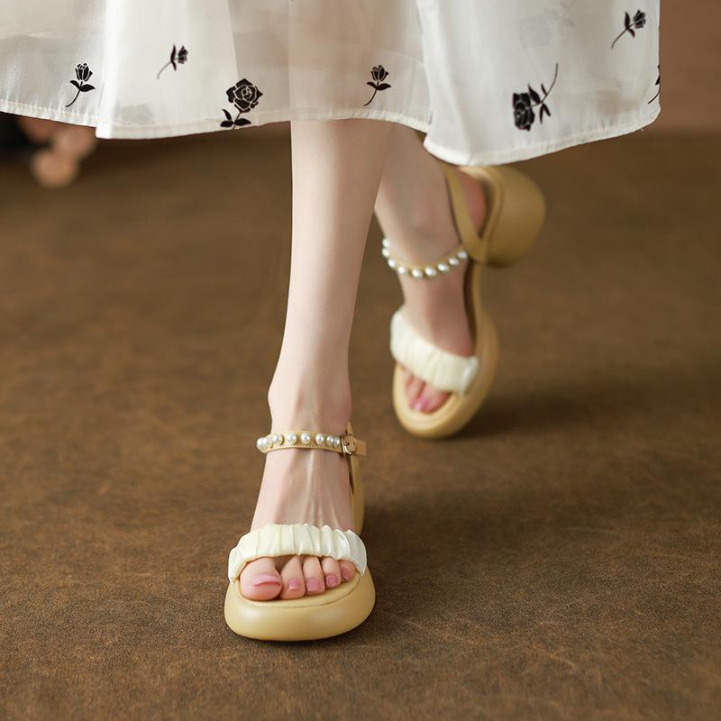 Huge Soft~ Round Head Mesh Thick-soled Open-toed Sandals Women's Summer Thick High Heels