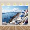 Nordische Griechische Landschaft Hausparty Dekorationen Inselstadt Santorin Blaue Kuppel Kirche Ägäis von Santorin Fotografie Hintergrund