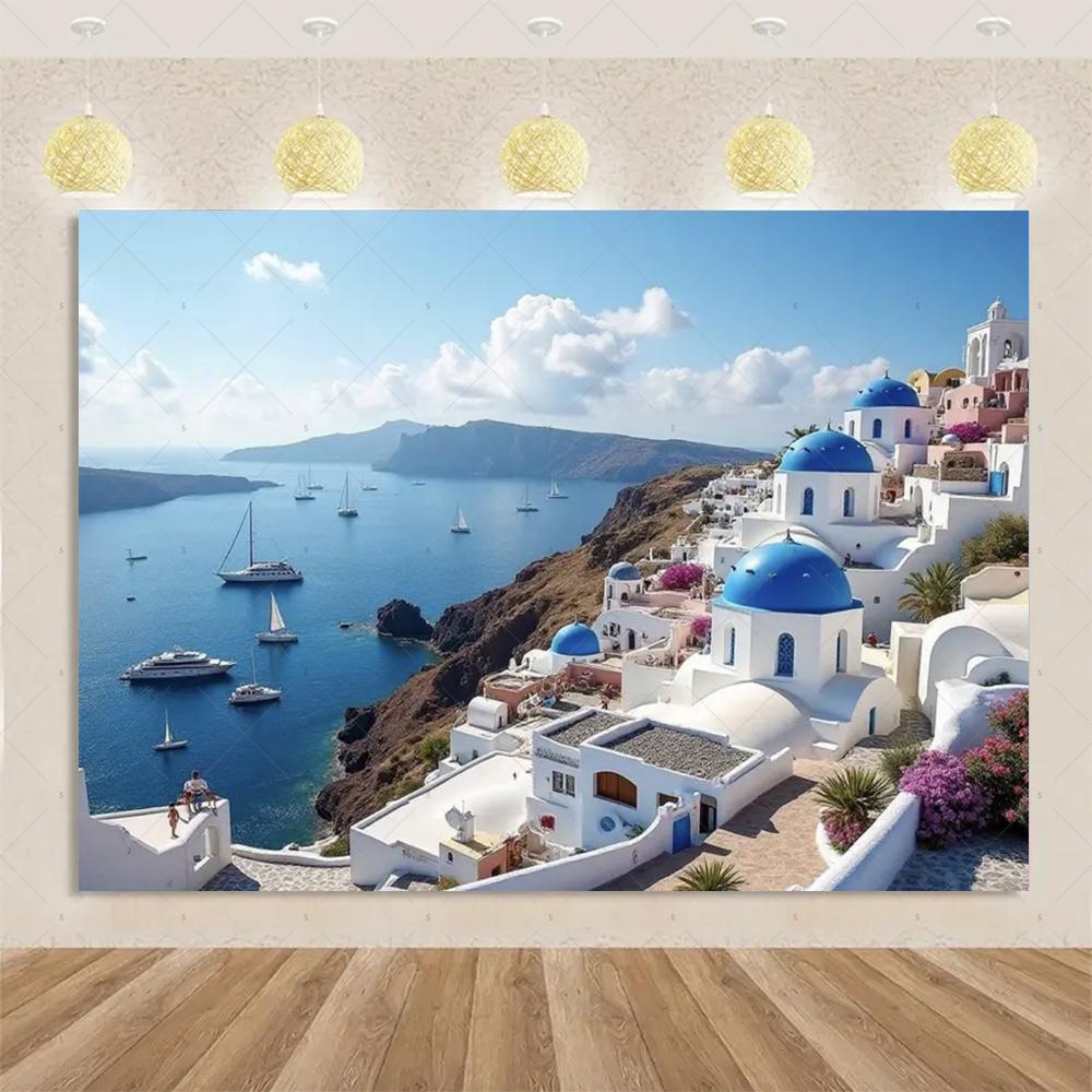 Nordische Griechische Landschaft Hausparty Dekorationen Inselstadt Santorin Blaue Kuppel Kirche Ägäis von Santorin Fotografie Hintergrund