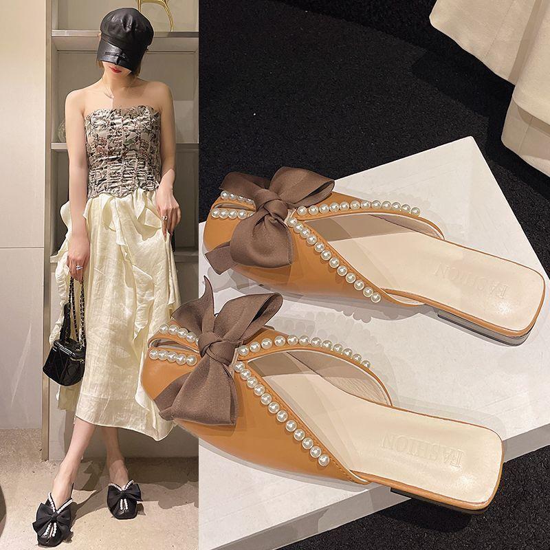 Baotou half slippers women's summer wear 2025 new Korean version bow pearl flat bottom soft bottom fish mouth sandals