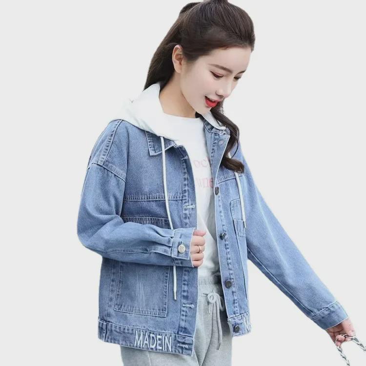 Women's Korean Style Denim Jacket with Removable Hood and Embroidered Letters – Spring/Autumn Short, Loose, and Slimming.