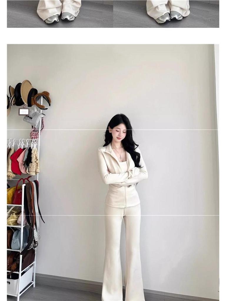 Korean Style Women's White Yoga Suit: Stand-up Collar Jacket & Flare Pants - Early Autumn 2025 Collection